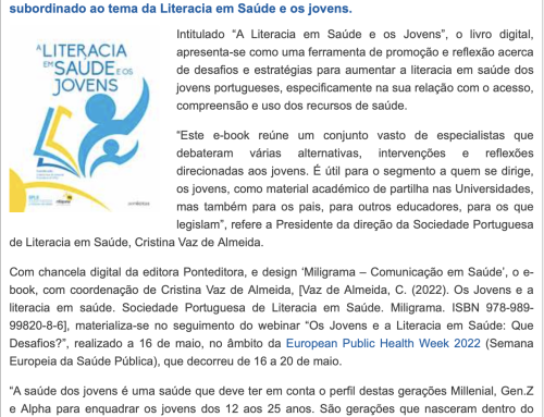 Sociedade Portuguesa de Literacia em Saúde promove E-Book dedicado à literacia em saúde e os jovens